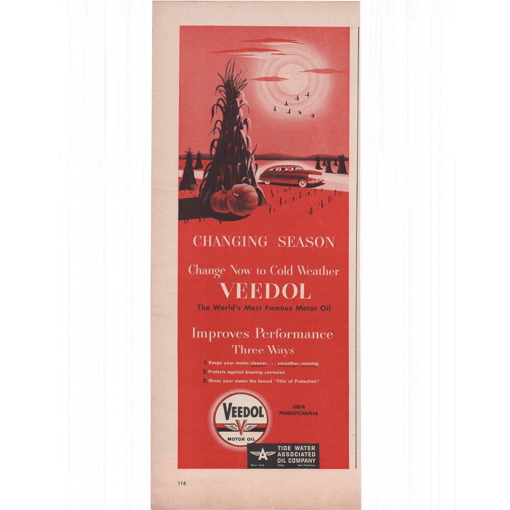 Veedol Motor Oil Magazine Advertisement 1950s Petroliana Pennsylvania Vintage